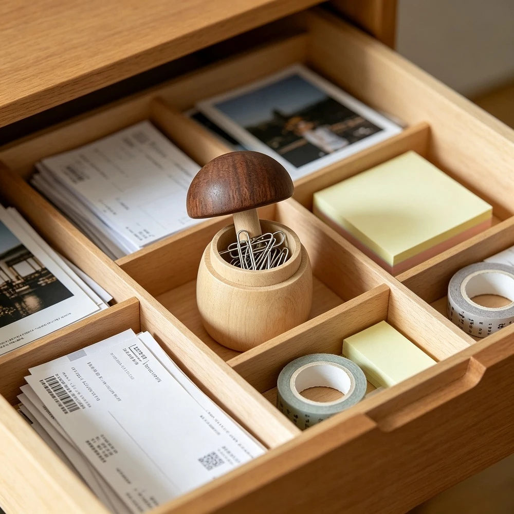 Cute Wooden Mushroom Paper Clip Holder Magnetic Office Desk