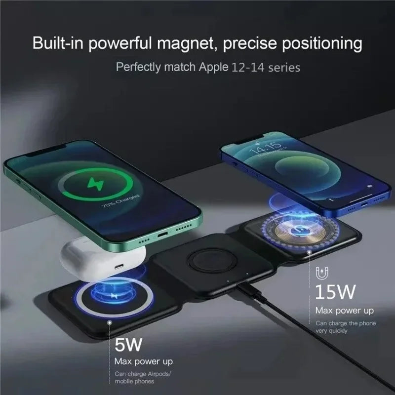 3 in 1 Magnetic Wireless Charger Portable Fast Charging Dock Station Foldable Stand Trip Charger For iPhone Apple Watch AirPods