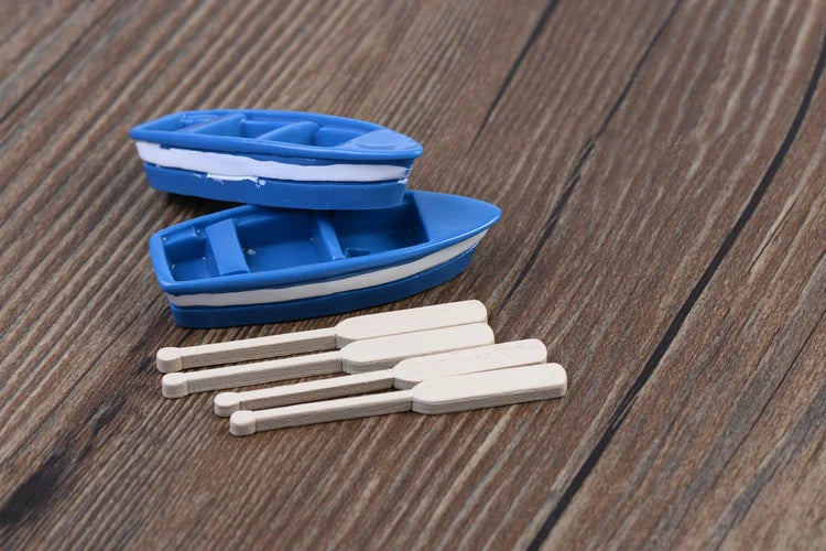 Blue Resin Boat Wood Paddles Oars Figures Decorative Figurine Diy Home Decor Mini Fairy Garden Aquarium Fish Tank Statue Craft