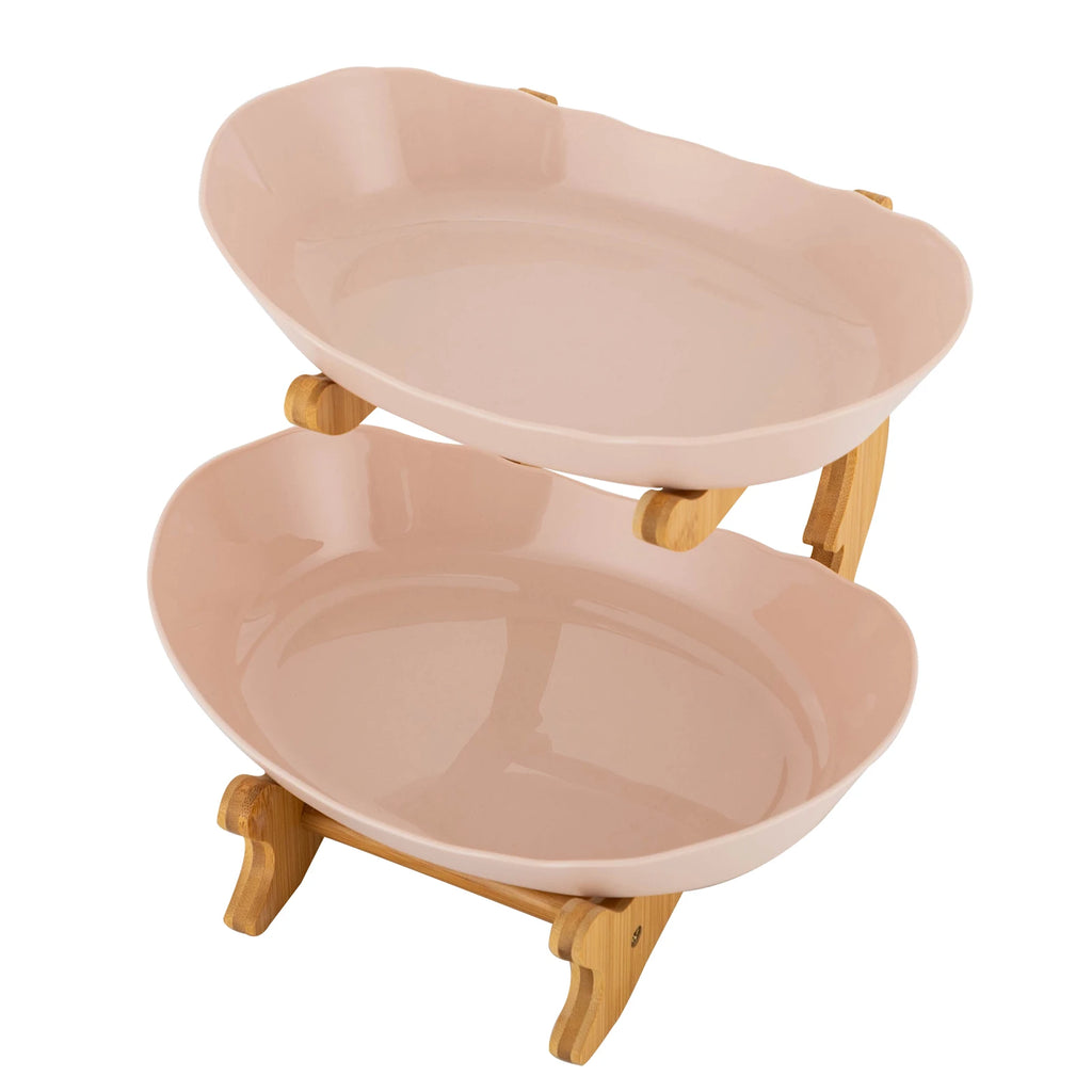 2 Tier Ceramic Fruit Bowl with Bamboo Wood Stand