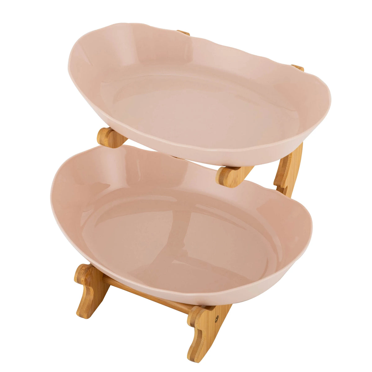 2 Tier Ceramic Fruit Bowl with Bamboo Wood Stand