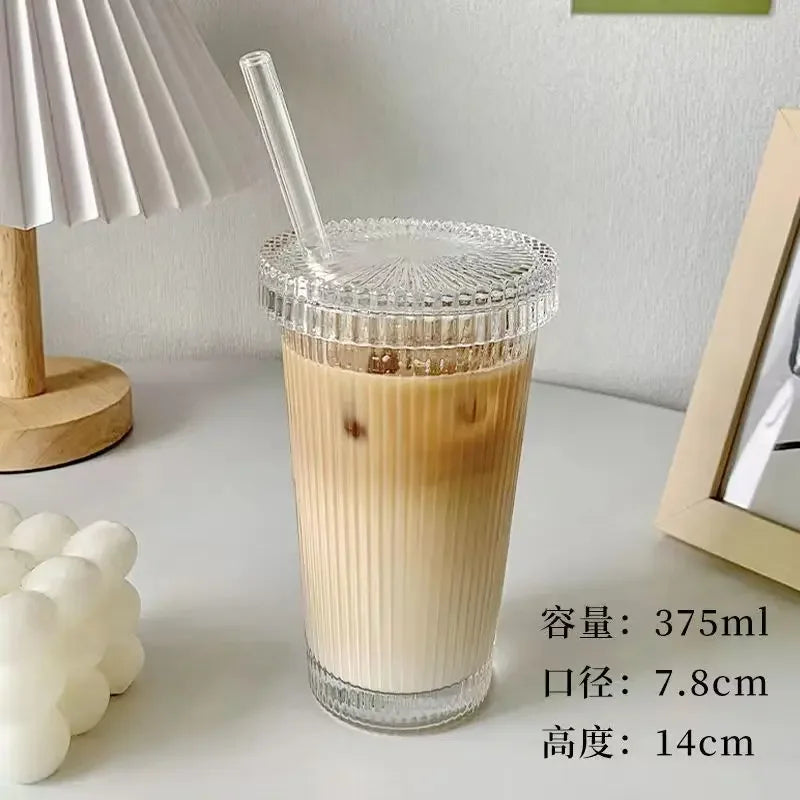 Transparent Coffee Mugs Simple Stripe Glass Cup with Lid Straw Tea Cup Juice Drinking Wine Beer Milk Breakfast Shot Glasses Set