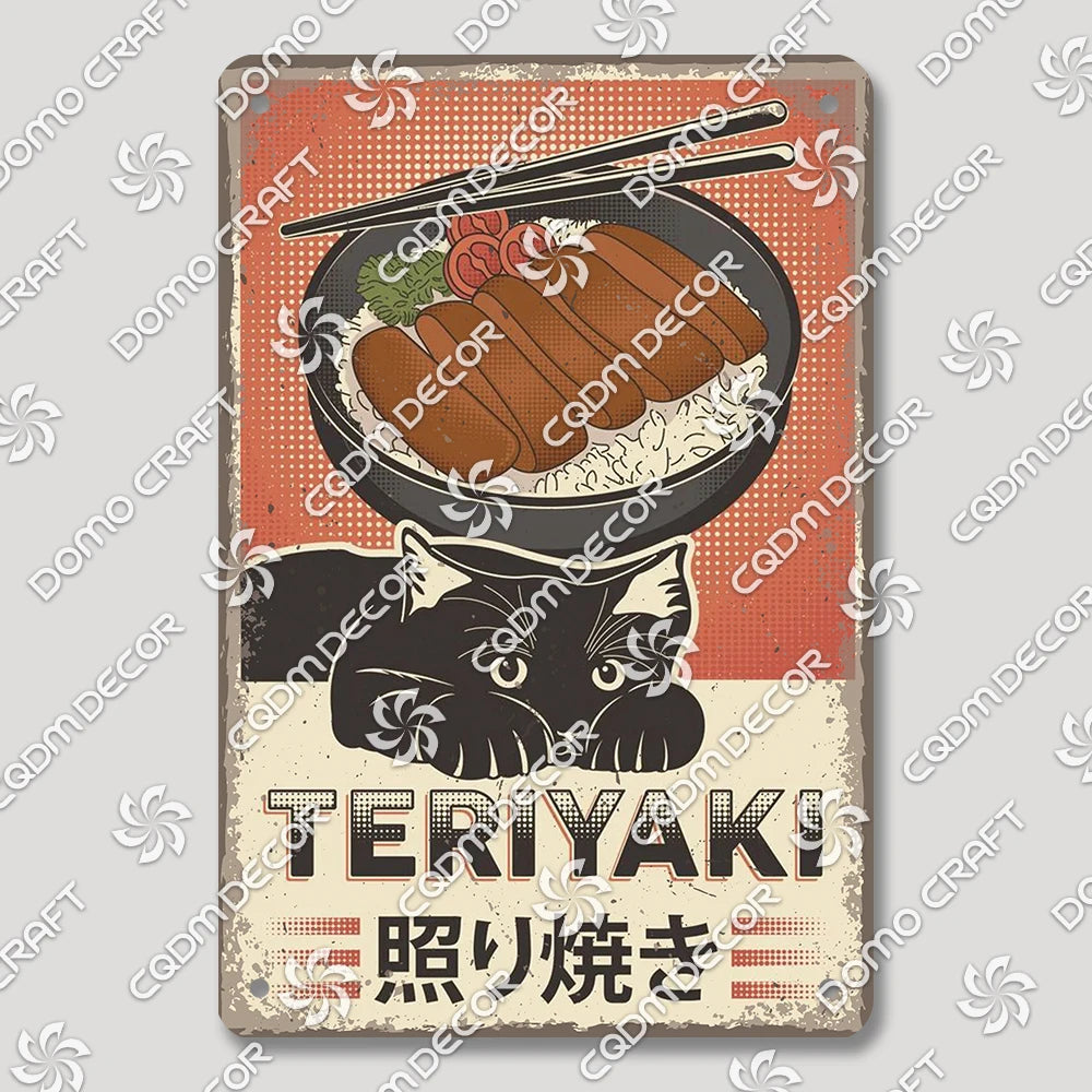 Cartoon Cat Japanese Food Plaque Tin Sign Retro Ramen Sushi Takoyaki Poster Metal Plates Bar Pub Restaurant Kitchen Wall Decor