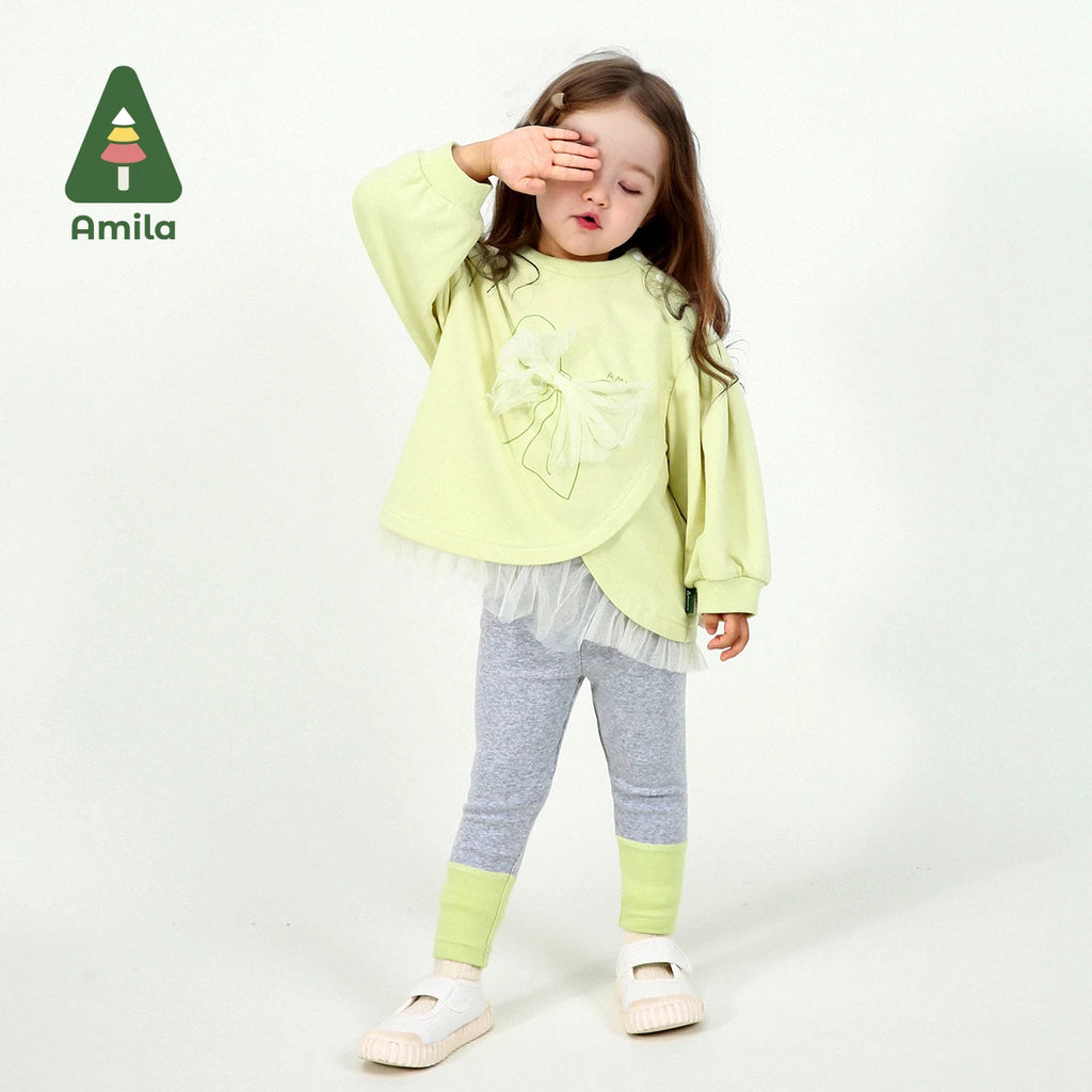 Amila Baby Set 2025 Spring New Solid Color Bow Solid Loose Sweatshirt Leggings Casual Soft Children's Two-Piece Set