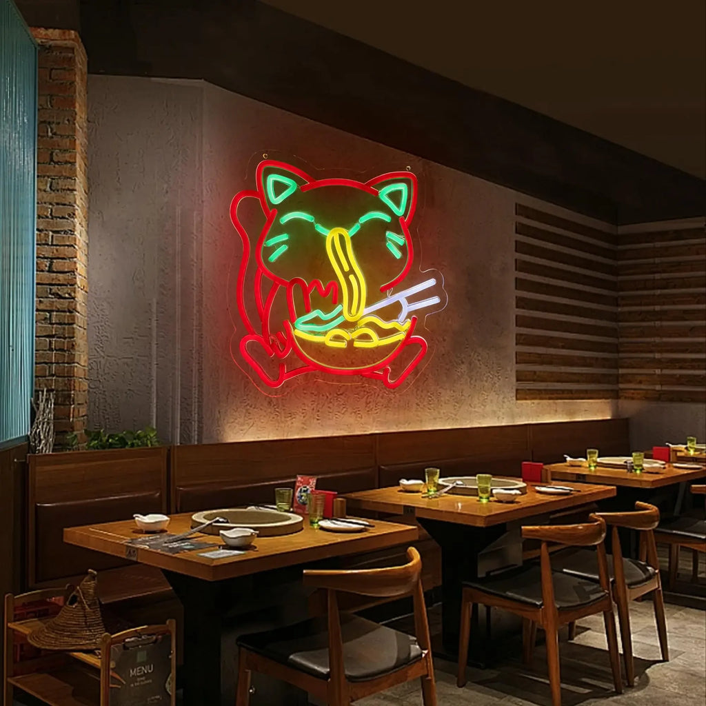 Ramen Cat Neon Sign, Bright LED for Restaurant and Cafe Decor, Japanese Kitchen Wall Art, Cat Lover Gift, Party Decoration