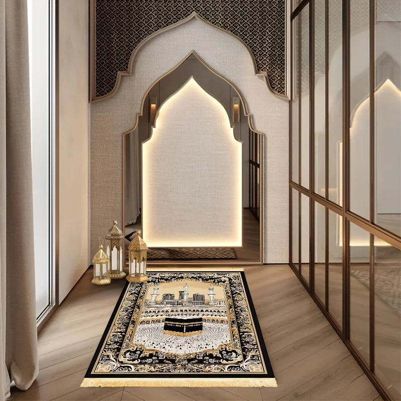 VIKAMA Solemn Black and Gold Religious Prayer Rug Comfortable, Soft, Warm and Non-Slip Home Worship Activity Prayer Mat