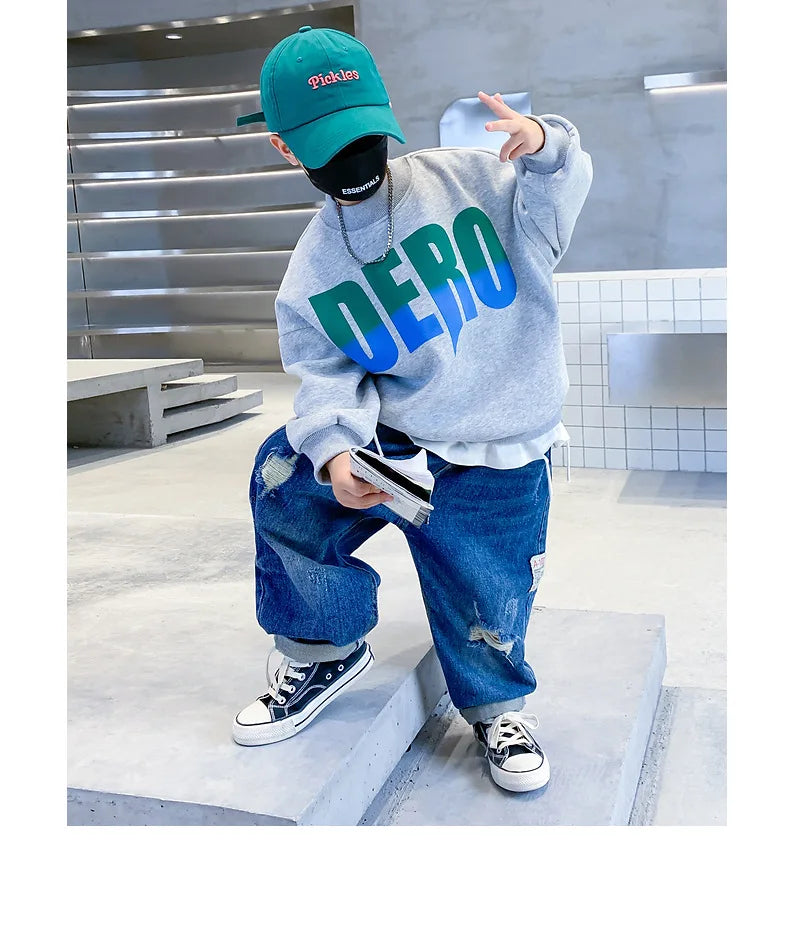 Winter Boys Warm Fleece Lined Half Turtleneck Alphabet Sweatshirt School Kids Track Pullover Coat Tops Child Work Jumper 3-16Yrs