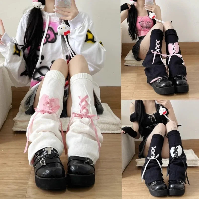 Y2k Sweet Love Heart Bandage Bow Knitted Leg Warmers Gothic - Black