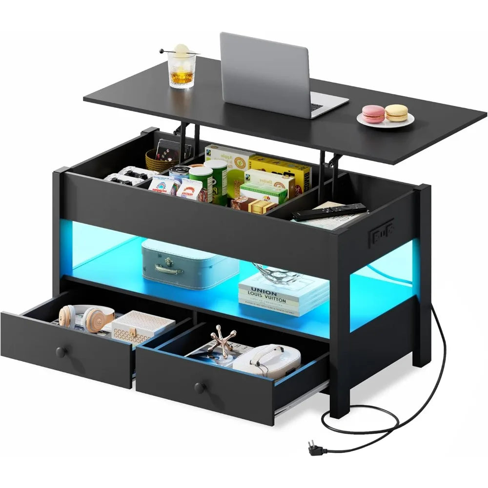 WLIVE Black Lift Top Coffee Table with 2 Drawers