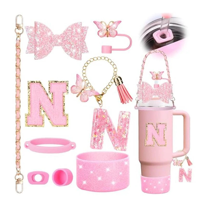 9PCS Set Bling Pink For Stanley Cup Cute Bow Letter Decoration 30oz 40oz Cup Spill Proof Stopper Keychain Handle Cup Accessoriy