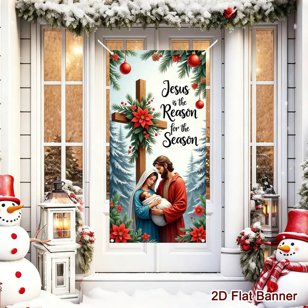 Christmas Door Banner-Nativity Cross Design 60*120cm Polyester Door Cover Entrance Decoration Holiday Decor Christmas Ornament