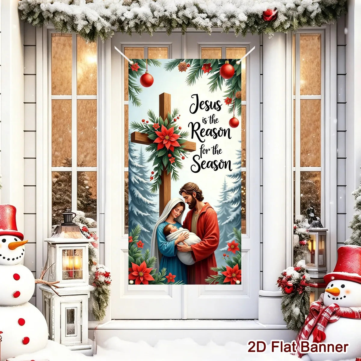 Christmas Door Banner-Nativity Cross Design 60*120cm Polyester Door Cover Entrance Decoration Holiday Decor Christmas Ornament