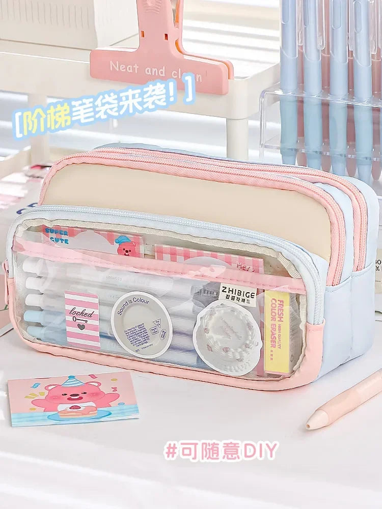 Kawaii Pencil Bag Large Capacity 3 Compartments Pencil Case Pen Pouch Desk Organizer School Supplies Cute Korean Stationery