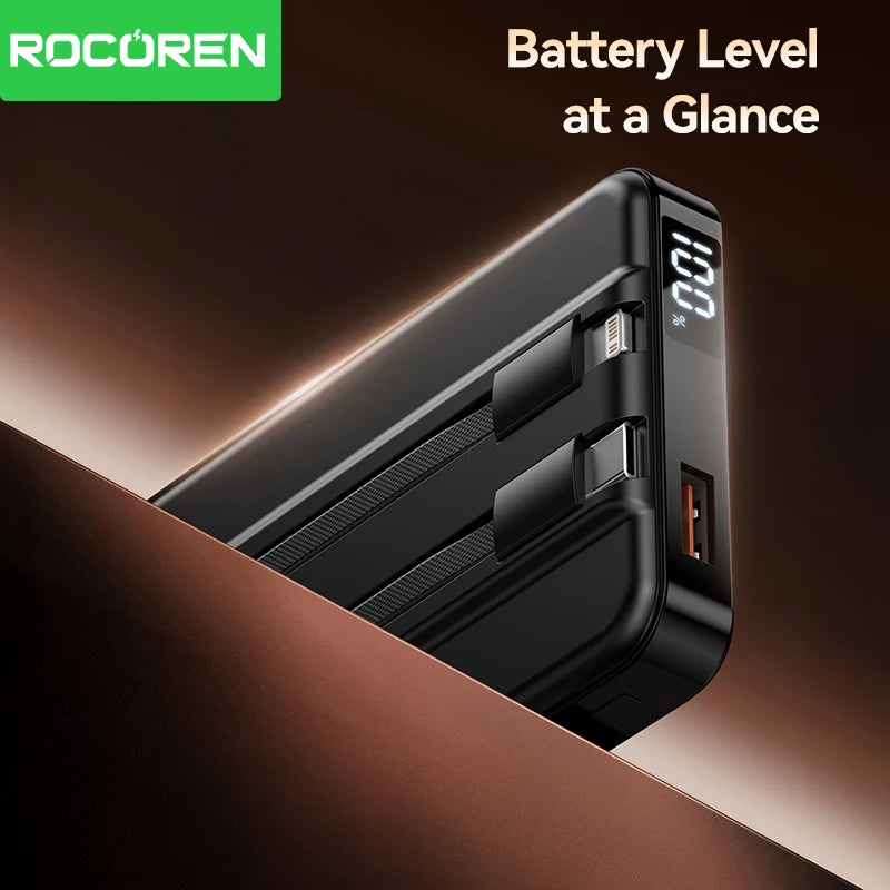 Rocoren PD 22.5W Fast Charging Power Bank 10000mAh Magnetic Wireless Charger for iPhone 16 15 14 Powerbank Built Charging Cables
