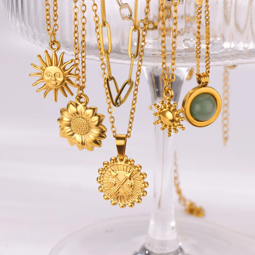 Stainless Steel Geometric Necklace For Women Fashion Sun Sunflower