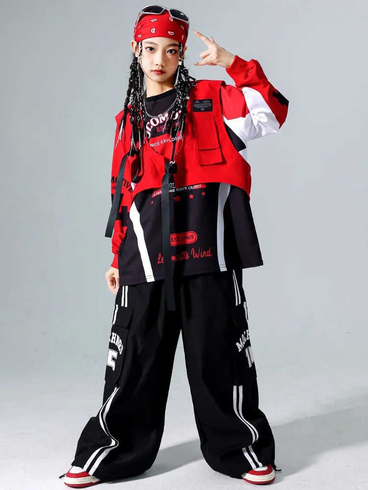 Boys Hip Hop Cool Sweatshirt Vest Cargo Pants Girls Fashion Jazz Street Dance Costume Children Clothes Set Kids K-pop Streetwear