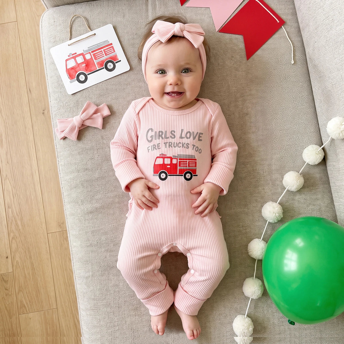 Baby Girl Fall Romper Letter Fire Fighting Truck Print