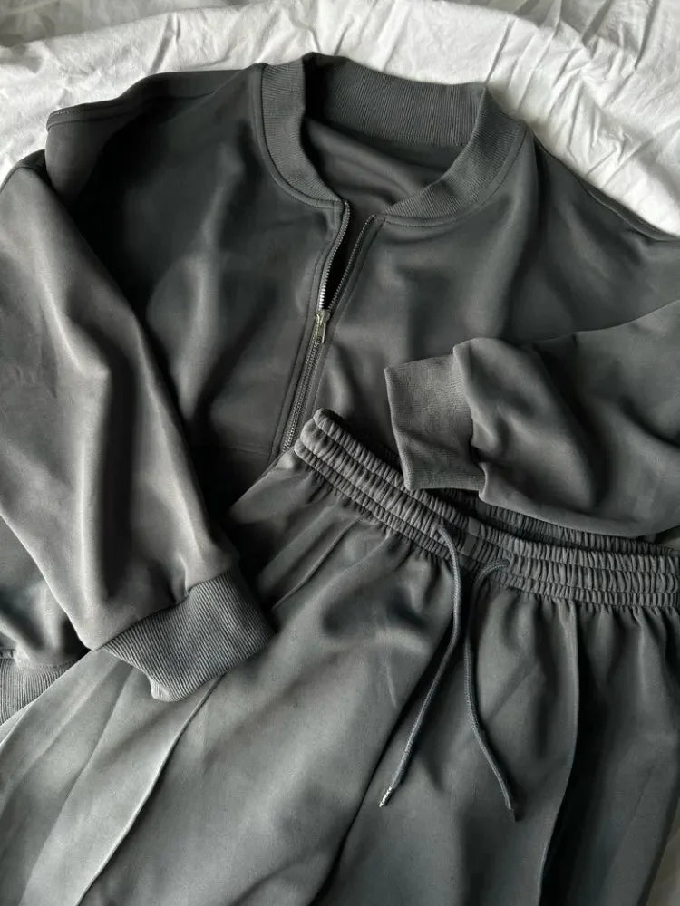 Gray Straight Pants Two Pieces Sets Women Outfit Long Sweatpants Street Wear Zipper Jacket Track Suits Sweatshirt Sets For Women