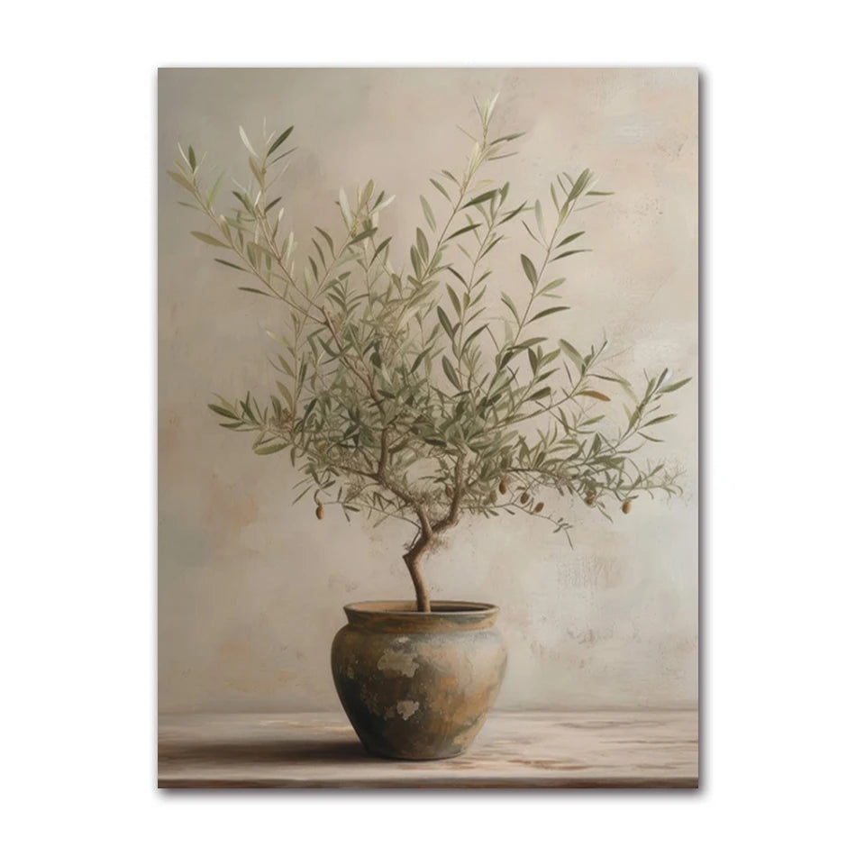 Vintage Minimalist Wall Art Italy Olive Tree in Vase Canvas Painting Poster Prints Still Life Botanical Antique Home Room Decor