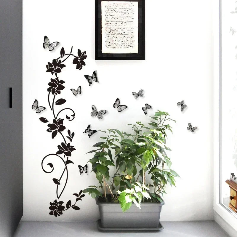 2024 New 3D Butterfly Wall Stickers  Black Flower Rattan Living Room Background Room Wall Stickers Dark Style 38*43cm Home Decor