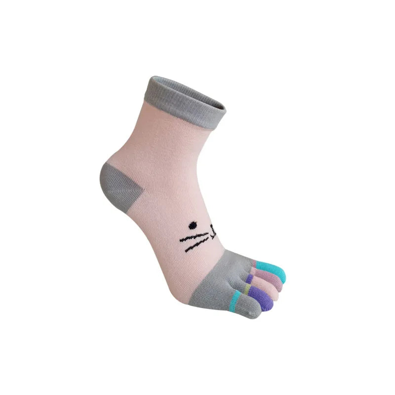 Cute Short Toe Socks Women Girl Cotton Striped Cat Love Fashion Sweat-Absorbing Anti-Bacterial Breathable Warm Five Finger Socks
