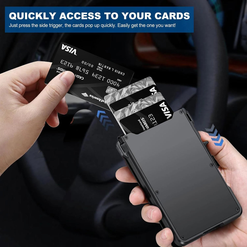RFID Blocking Mens Wallet | Minimalist Slim Smart Pop-Up Card Holder, Metal Credit Card Wallet with Money Clip for Men