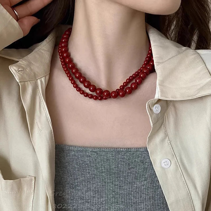 Vintage Red Beaded Necklaces For Women Chinese Style Glass Beads Necklace Exquisite Elegant Choker Aesthetic Jewelry Accessories