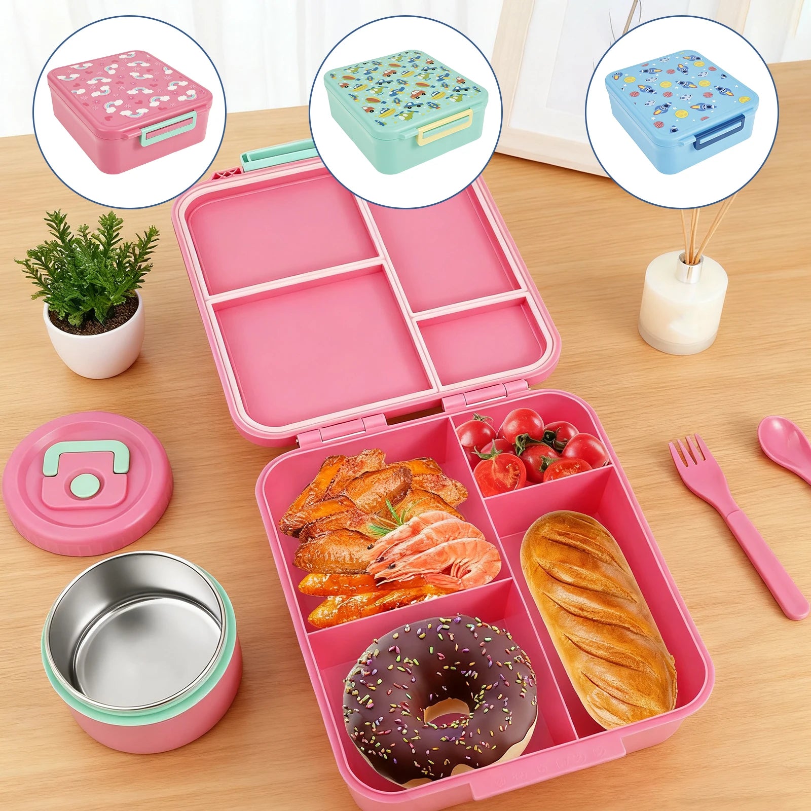 Children and adults outdoor 1700ml large capacity food meal box with four compartments leak proof design and soup can spoon fork