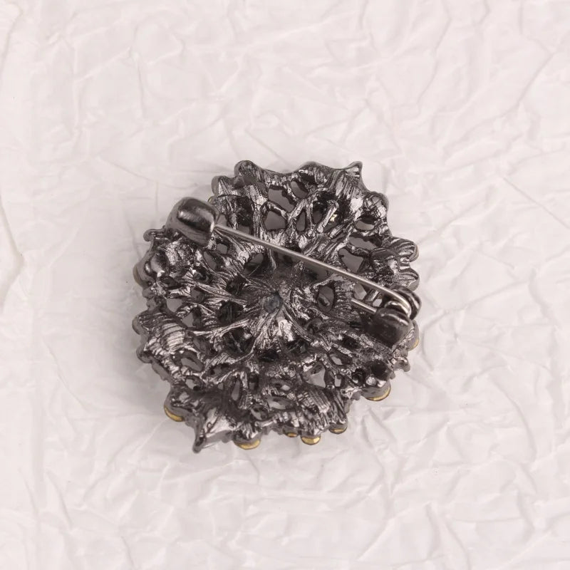Vintage - Style Brooch, Metal Base with Dark Crystals, Gorgeous Pin with Ornate Hollow Design, Ideal for Coat & Gown Decoration