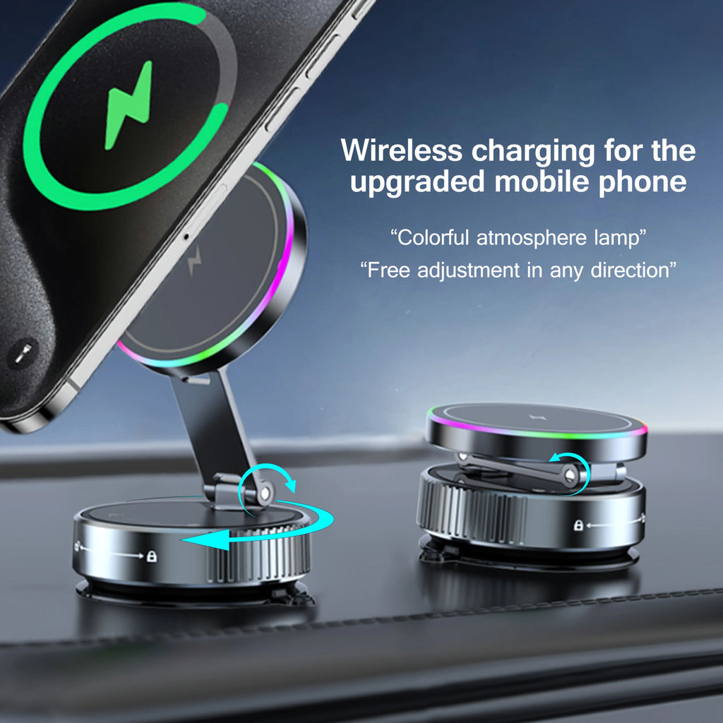 Magnetic Car Wireless Charger RGB Light Phone Holder Stand 360° Rotate Vacuum Suction Cup For Magsafe iPhone 12-16 Fast Charging