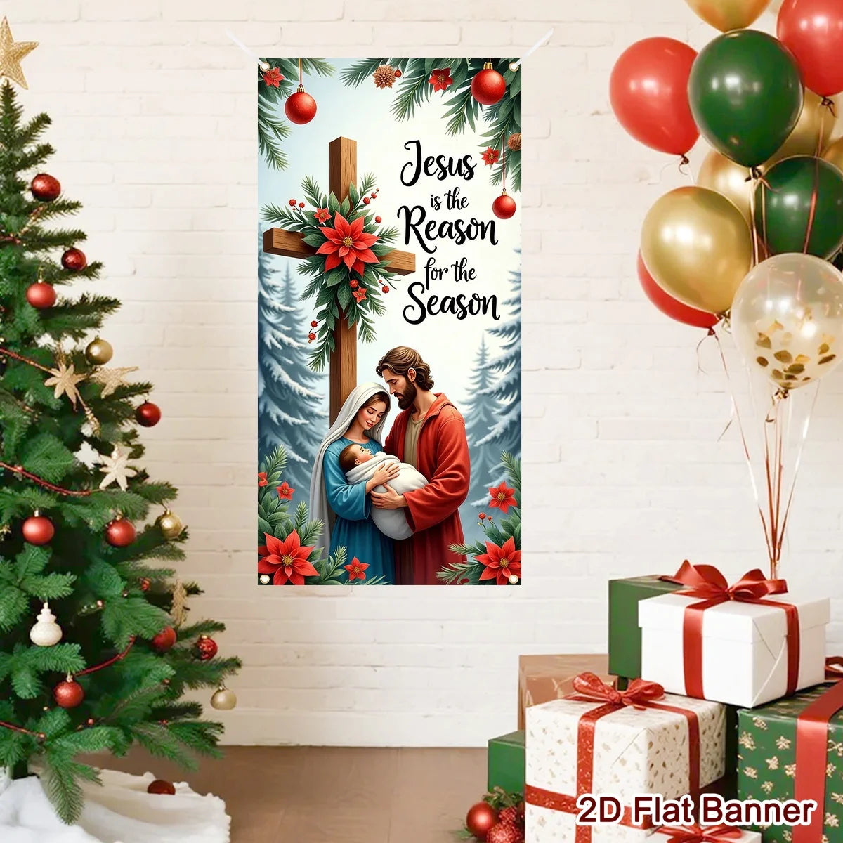 Christmas Door Banner-Nativity Cross Design 60*120cm Polyester Door Cover Entrance Decoration Holiday Decor Christmas Ornament