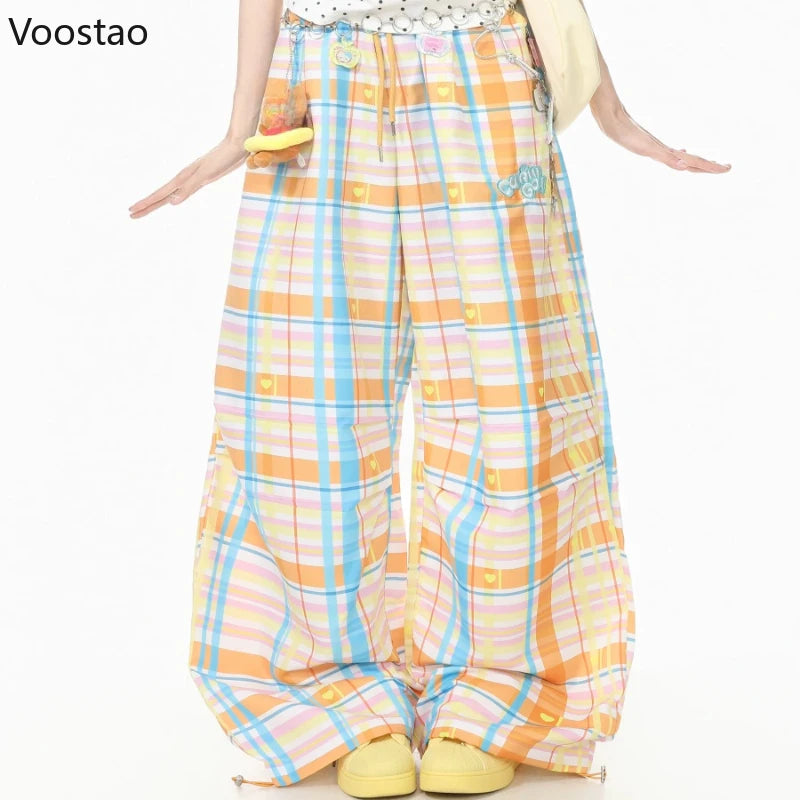 Sweet Y2K Plaid Heart Print Wide Leg Cargo Pants Women Casual Cute
