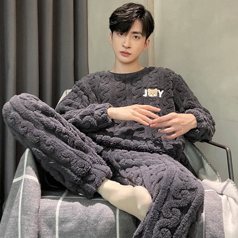 Men's Winter Jacquard Weave Flannel Pajamas Set Coral Fleece Cartoon Sleepwear Homewear Thick Warm Male Suit Fall Sweatshirt 5XL