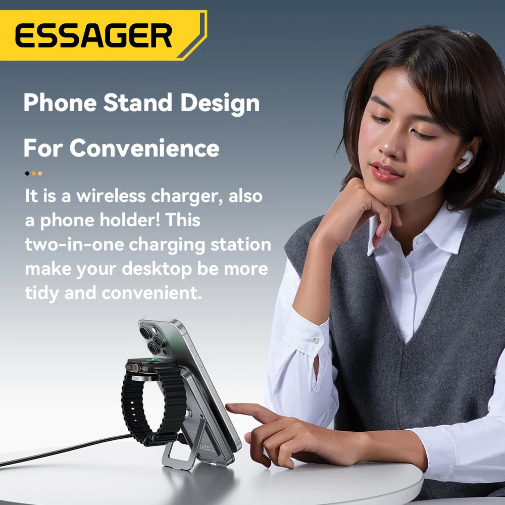Essager Qi2 Magnetic Wireless Charger 15W 2 in 1 Foldable Fast Charging Station Holder for ihone 16 15 14 IWatch Ultra Airpods