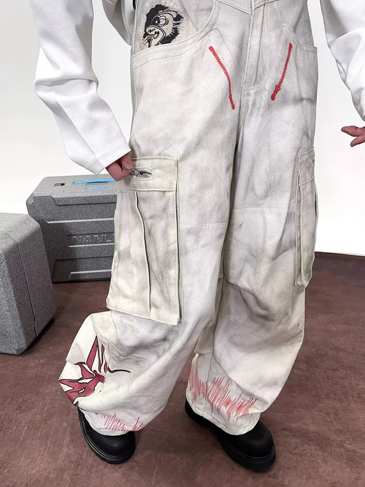 Cyber Y2K Streetwear Dirty Washed White Baggy Cargo Jeans Pants