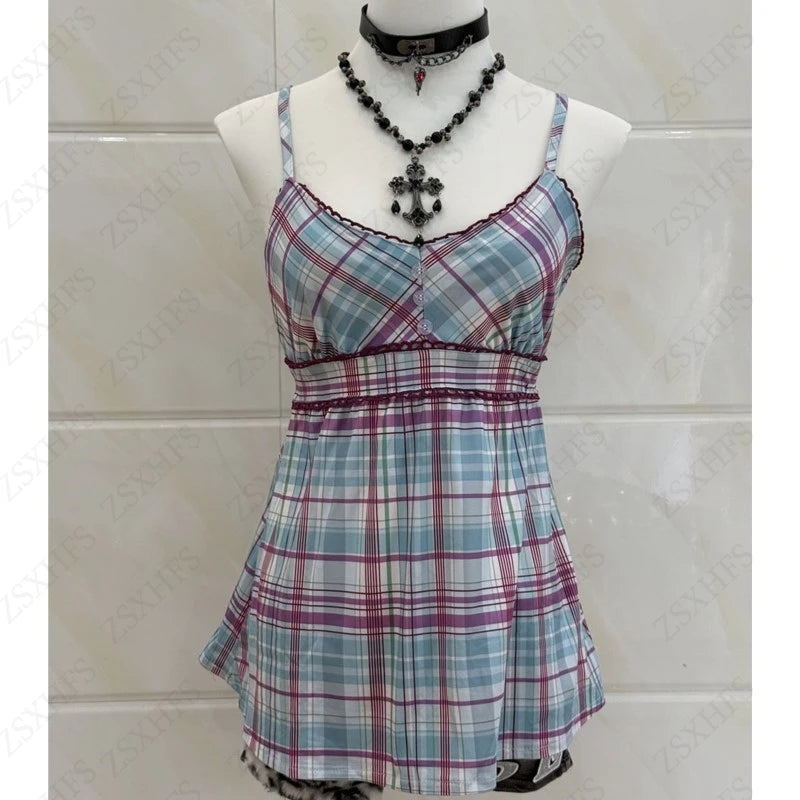 Gothic Plaid Sleeveless Y2K Camisole Women Summer Crop Tops - Multi