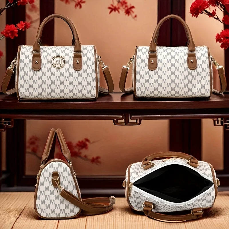Women Alphabet Shoulder Bag with Golden M Logo Leather