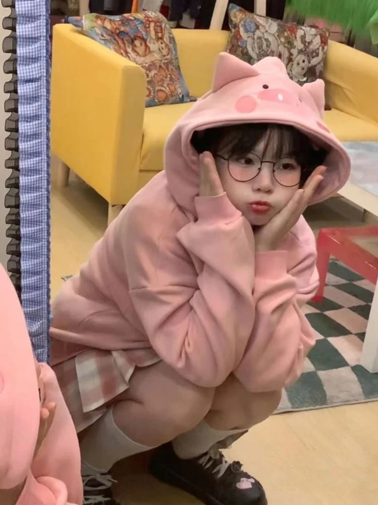 Sweet Pink Piggy Letter Embroidery Hoodies Women Loose Y2k Kawaii Cute Preppy Sweatshirts Fashion Pocket Casual Aesthetic Hoodie