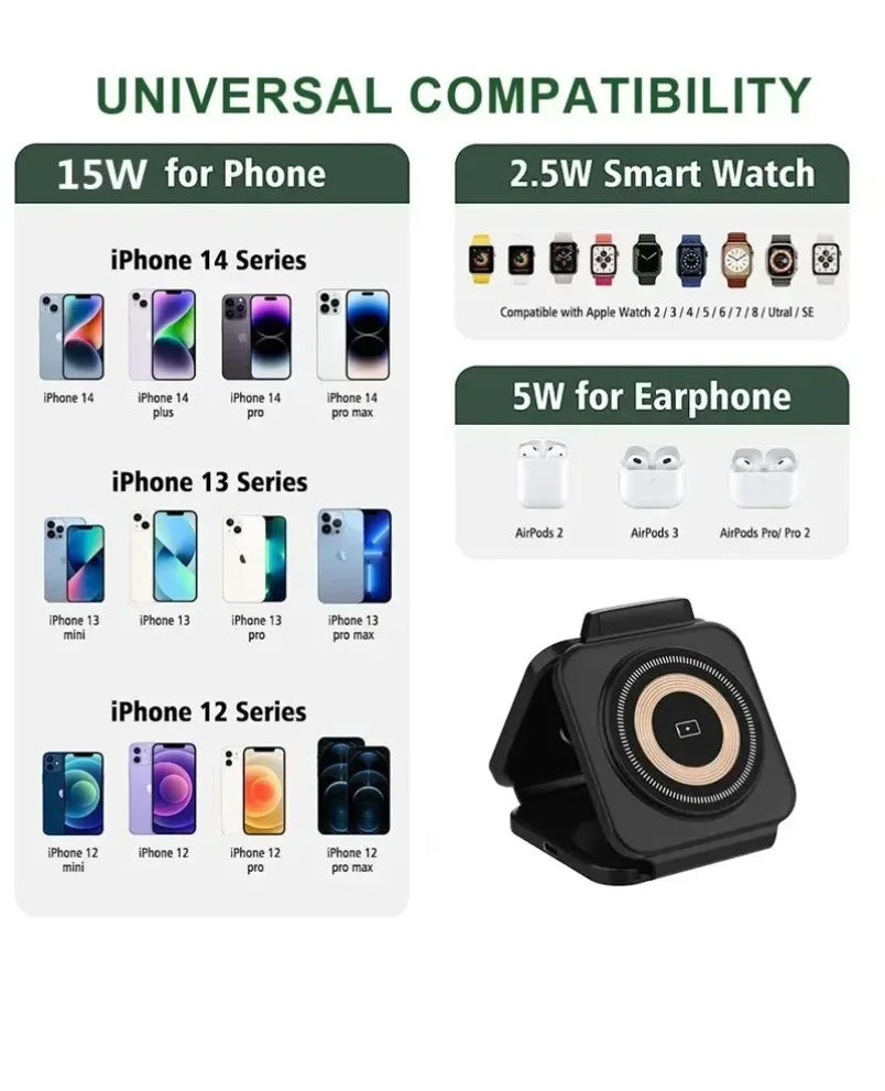 3 In 1 Magnetic Wireless Charger 30W Fast Charging Station Pad Foldable Phone Chargers Stand for iPhone 16-12 IWatch 8 7