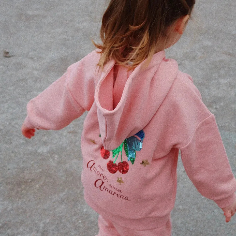 Kids Sweatshirt and Pant Set 2025 Autumn Heart Cherry Print Girls Dress Long Sleeve Boy Hooded Hoodies Pullover Casual Trousers