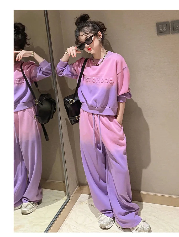 Girls Contrast Tie Dye Alphabet Sweatshirt+Drawstring Sweatpant Sets School Kids 2PCS Tracksuit Children Jogging Outfits 5-16 Yr
