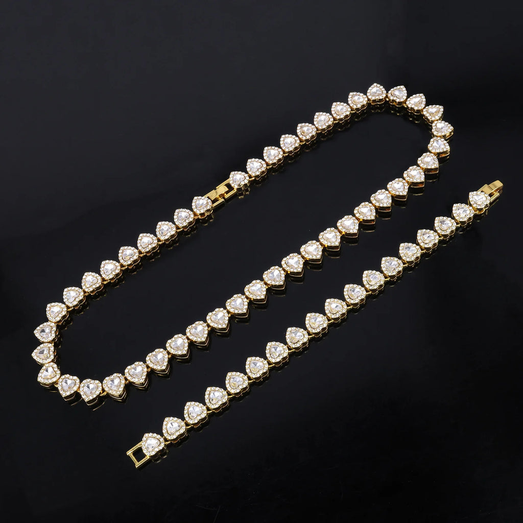 ZAKOL 45CM New Hip Hop Tennis Chain Bracelet Necklace Shiny Heart Rhinestone CZ Fashion Rock Party Jewelry Set