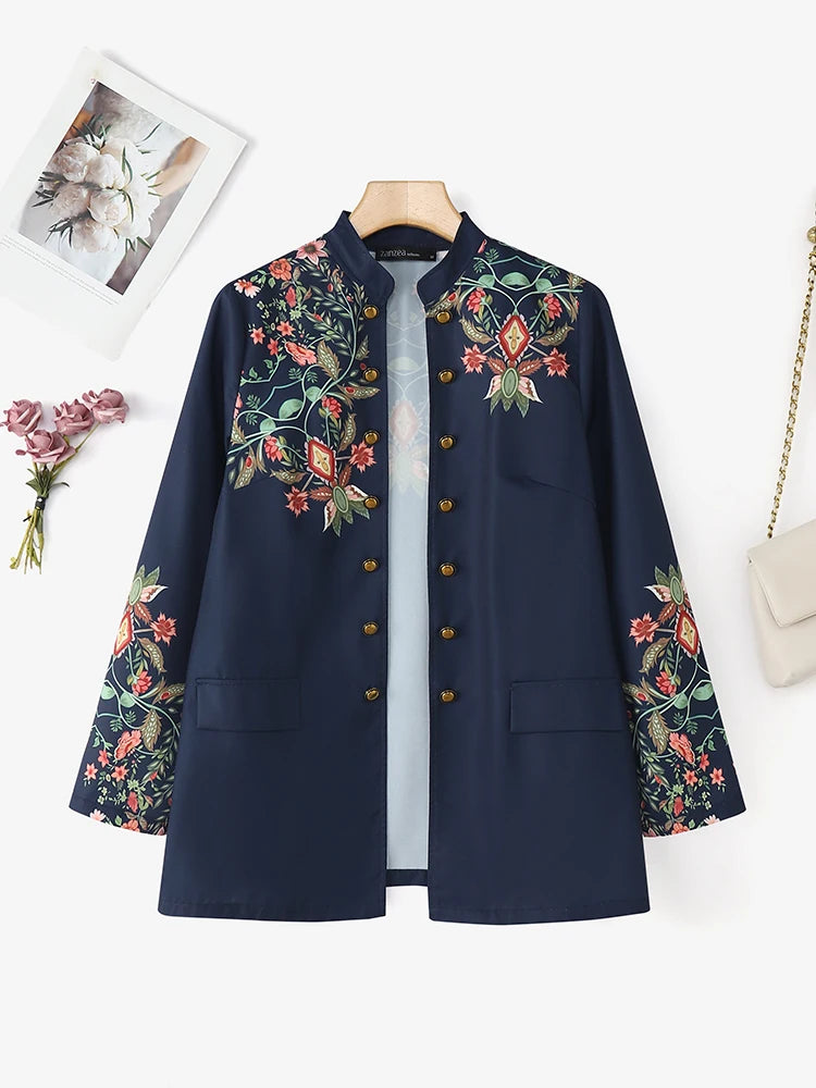 ZANZEA Women Long Sleeve Cardigans 2025 Vintage Floral Print Autumn Coat Fashion Stand Collar Single Breasted Streetwear Jackets