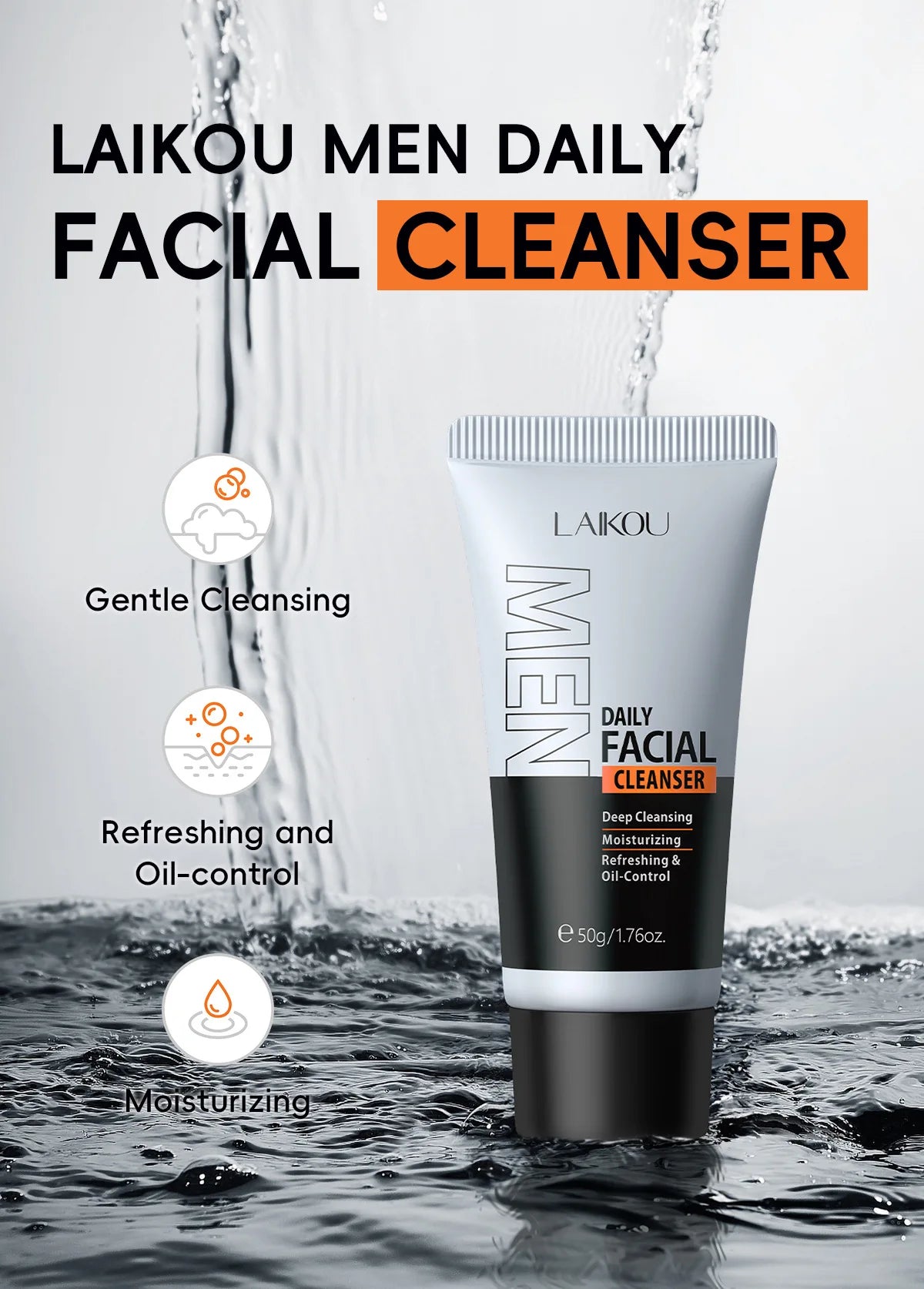 LAIKOU Men's Facial Cleanser, Moisturizing, Men's Skin Care, Oil Control, Blackhead Remover, Cosmetics, Deep Nourishment