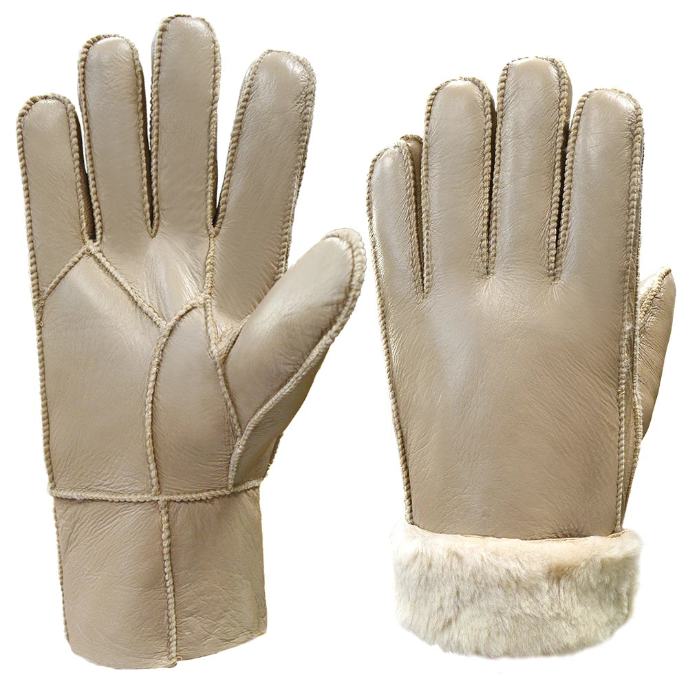 Classic Solid Color Winter Warm Sheepskin Fur Gloves Men Thickened Outdoor Motorcycle Riding Windproof And Leather Fur Gloves