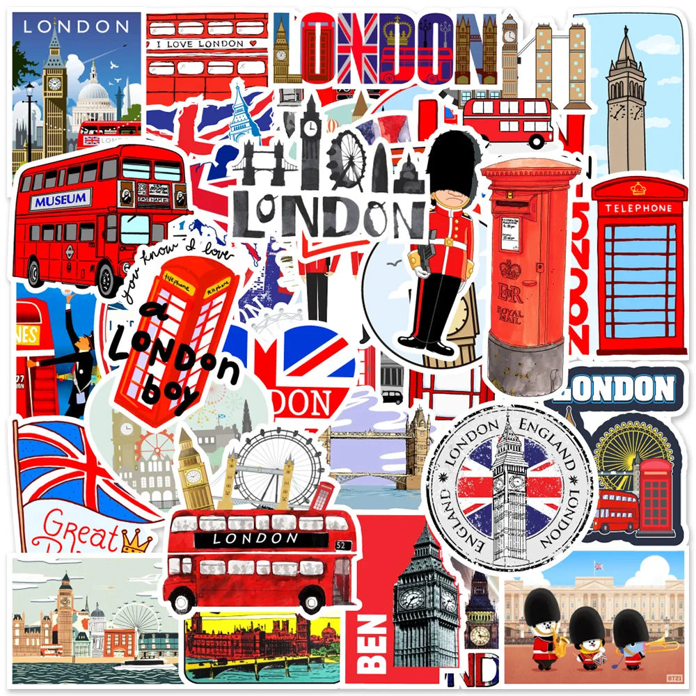 50Pcs Classic British Style London Bus Wall PVC Decorative Stickers Scrapbooking Stick Label Diary Stationery Album Sticker