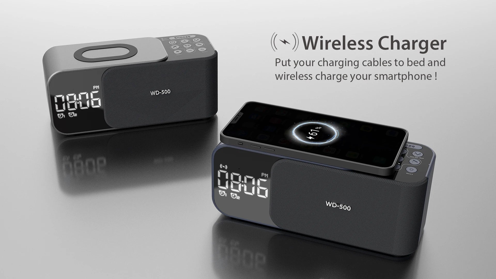 WD-500 Digital Led Mirror Alarm Clock Night Light Led Bluetooth Speakers with Wireless Charger Stereo Speakers