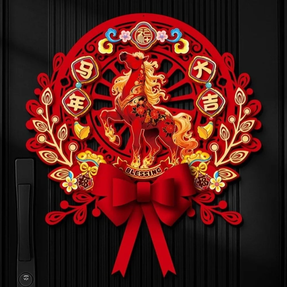 Chinese 2026 Horse Year Door Sticker Nonwovens Traditional Fu Character Sticker Blessing Cartoon New Year Wall Sticker