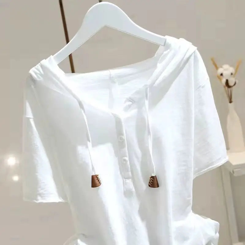 98% Cotton T Shirt Women Fashion Hooded Short-sleeved T-shirt 2025 Spring Summer Korean Style Loose Thin All-match Pullover Tops