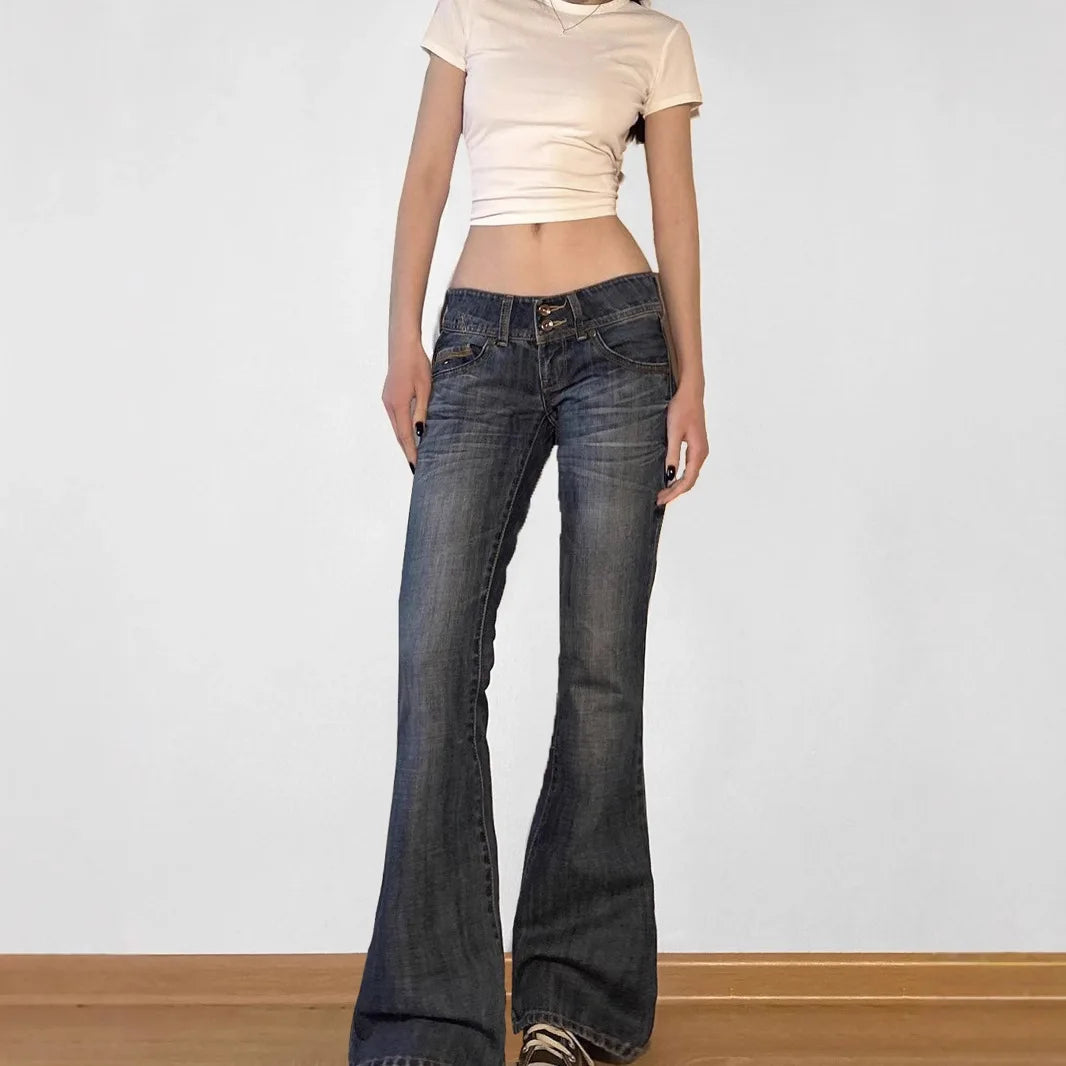 Vintage Y2K Flared Jeans Retro Button-Up Low Rise Casual Denim